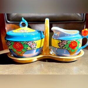 VTG Hand Painted Red Rose Handle Creamer & Sugar Bowl Pottery Lusterware Japan
